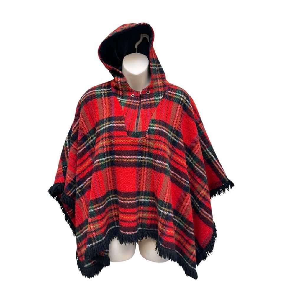Vintage Wool Plaid Cape Hooded Poncho Tartan Winter Coat Size S